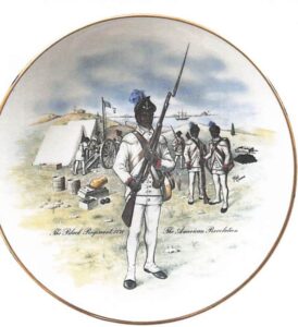 Gorham souvenir plate depicting a soldier of the Black Regiment, 1778